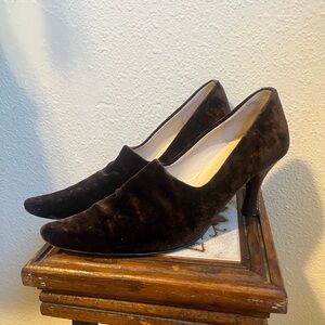 Vintage 90s Charles Jourdan CJBIS Leather Brown Velvet Slip On Pumps Heels 5.5